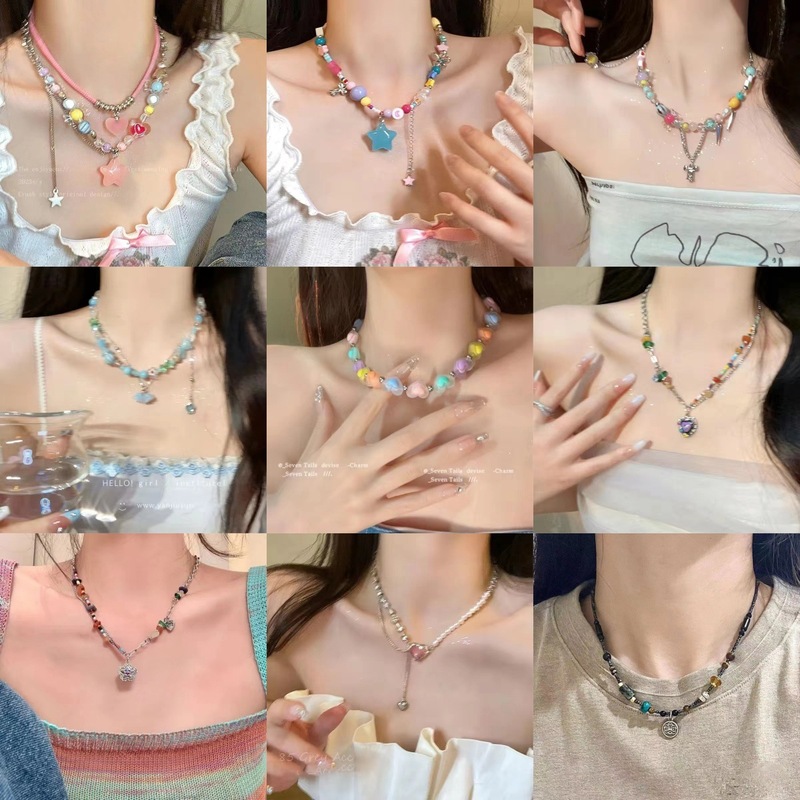 Candyland Dopamine Colorful Beaded Star Tassel Necklace Feminine Necklace Sweet and Cool Hot Girl Clavicle Chain Ornament