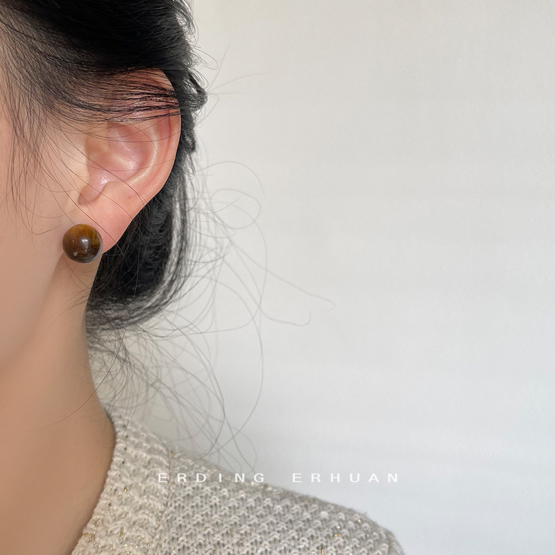 Medieval style tiger eye stone round versatile earrings amber design new Chinese style earrings high-end temperament earrings