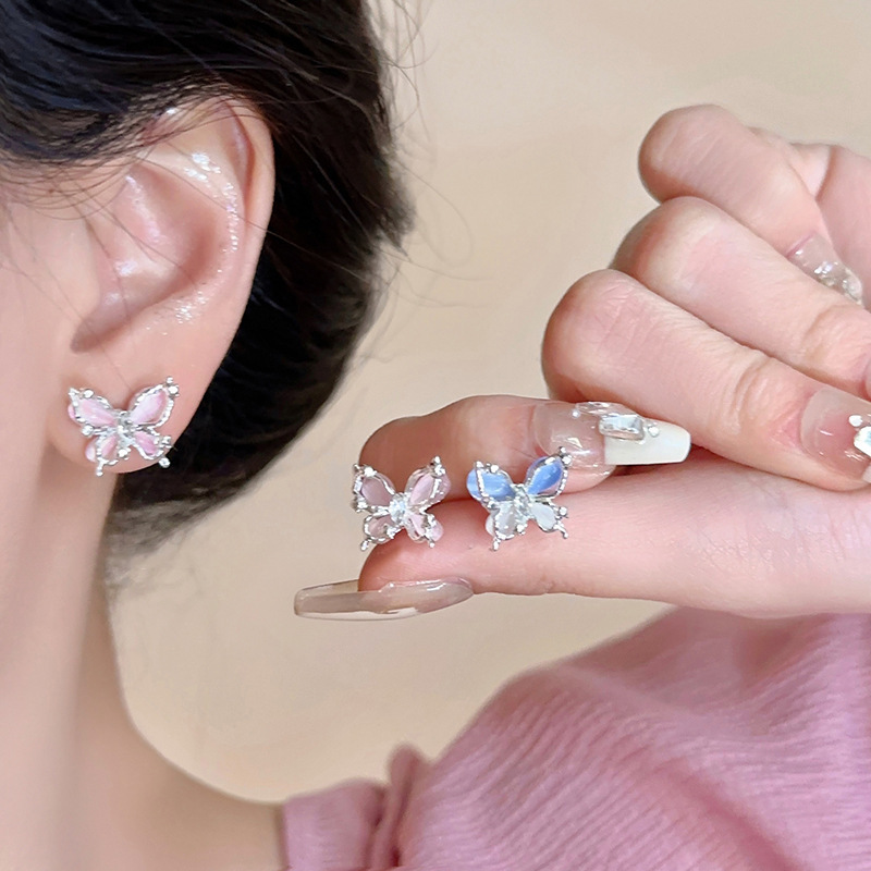 First love atmosphere ~ pink butterfly cat's eye stone earrings for women, ins trend, versatile, high-end, elegant, exquisite earrings and earrings