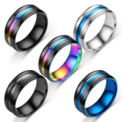 New simple transfer jewelry men's titanium steel personalized bevel edge slotted intercolor colorful blue domineering ring