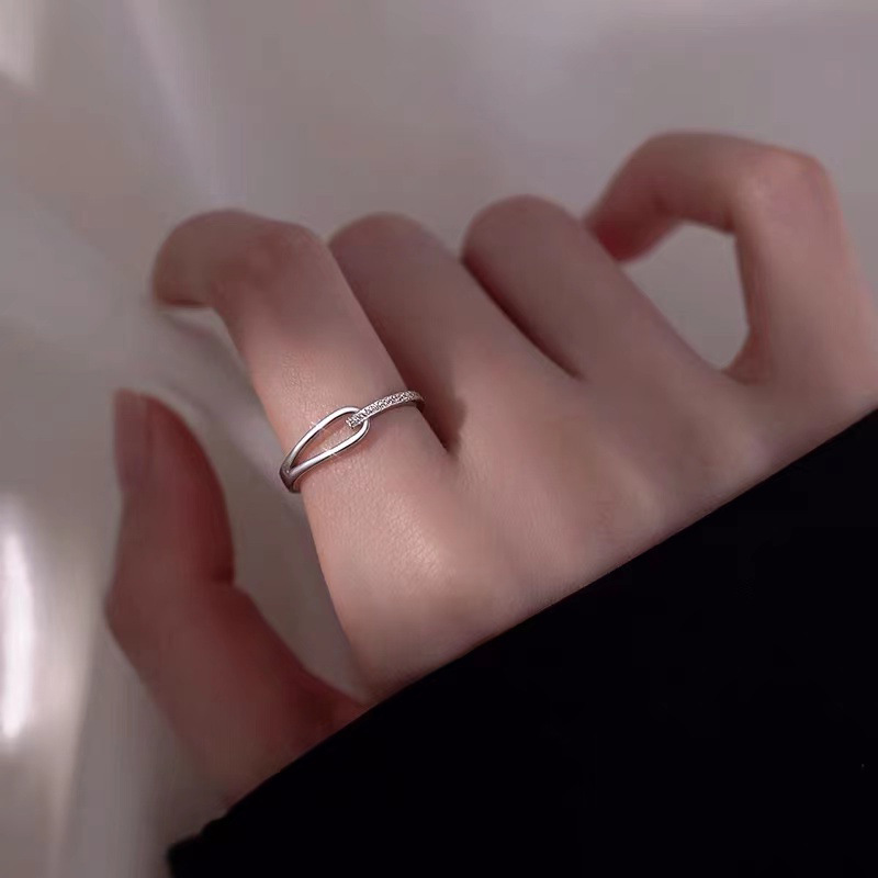 925 sterling silver plain ring women's index finger open ring summer simple niche design flash diamond self-discipline tail ring