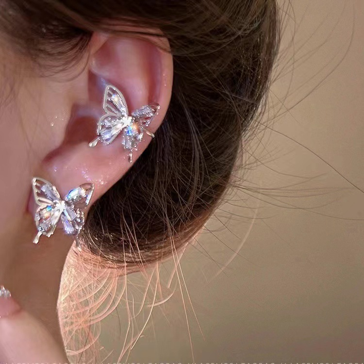 S925 Silver Needle Light Luxury Cold Wind Micro-Inlaid Zircon Earrings Women's Niche High-end Earrings Popular Butterfly Earrings