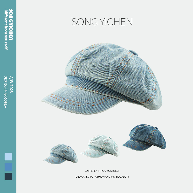 Japanese retro cowboy beret for women with large head circumference, versatile and face-friendly, little painter's cloud hat, literary octagonal hat, trendy