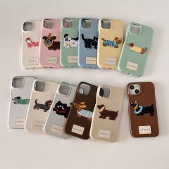 Ins style creative dachshund dog mobile phone case iPhone15pro embroidered leather case suitable for 14promax/13p