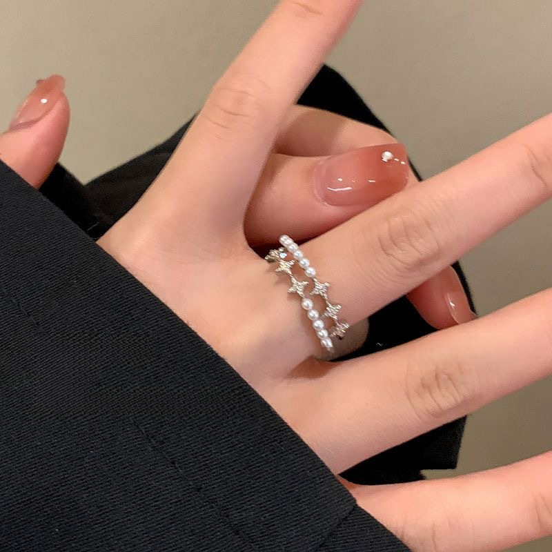 Double-layer star pearl ring for women new fashion personalized ring opening adjustable index finger ring