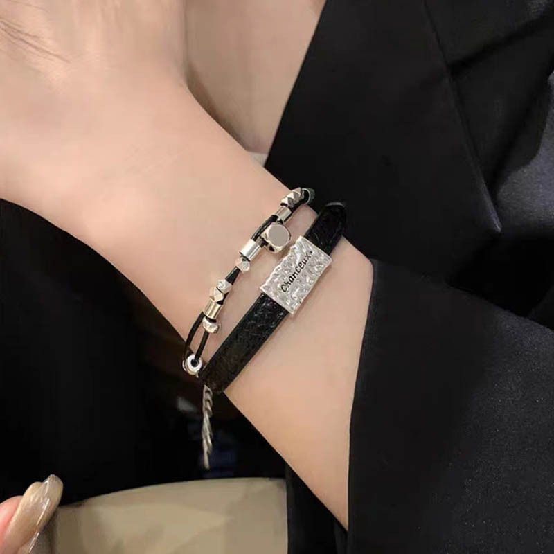 Broken silver splicing bracelet women's niche design light luxury personality accessories temperament hand jewelry versatile black rope bracelet jewelry