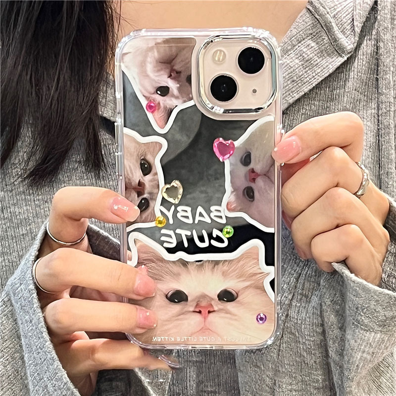 Cute mirror cat iPHone15promax mobile phone case Apple 14 niche 13 makeup mirror 12 big holes 11 women