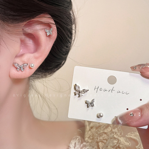 Korean Fashion Versatile Micro-Inlaid Zirconia Butterfly Three-piece Set Earrings S925 Silver Needle Temperament Small Earring Buckle