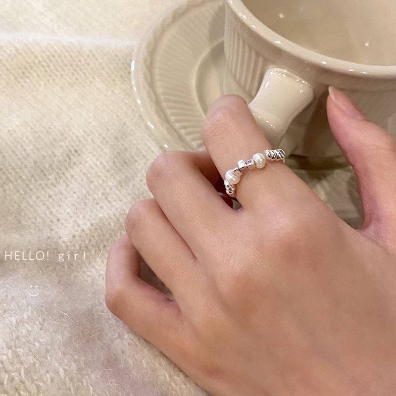 Irregular broken silver pearl ring for women, niche design, light luxury index finger ring, unique cold style high-end ring