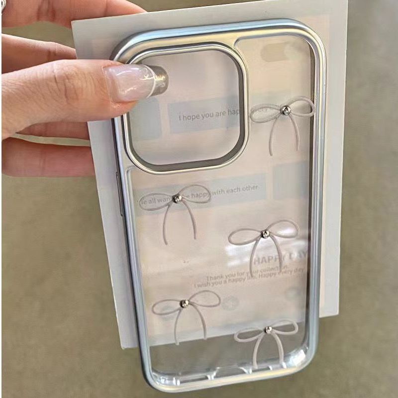 ins Korean bow tie suitable for iPhone15promax Apple 14 silver frame mobile phone case 13 new style 12 women