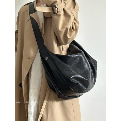 Soft leather large-capacity black dumpling bag for women 2024 new retro high-end casual one-shoulder cross-body tote bag