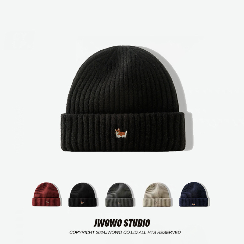 Korean cute corgi woolen hat for women in autumn and winter, Korean version of warm ear protection knitted hat with personalized embroidery puppy cold hat for men