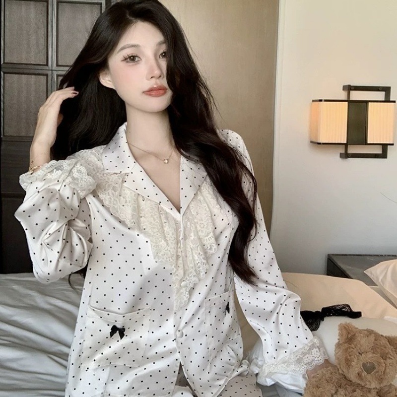 Spring and autumn new French retro high-end sweet ice silk pajamas for women polka-dot satin thin home wear set