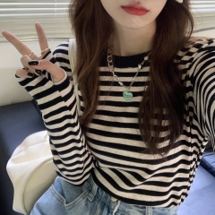 Early autumn Korean style chic retro striped bottoming shirt with unique design and long-sleeved top T-shirt