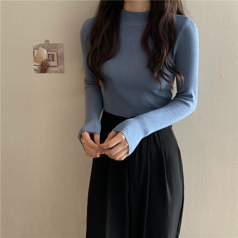 Autumn and winter new style black half turtleneck slim bottoming sweater with knitted sweater