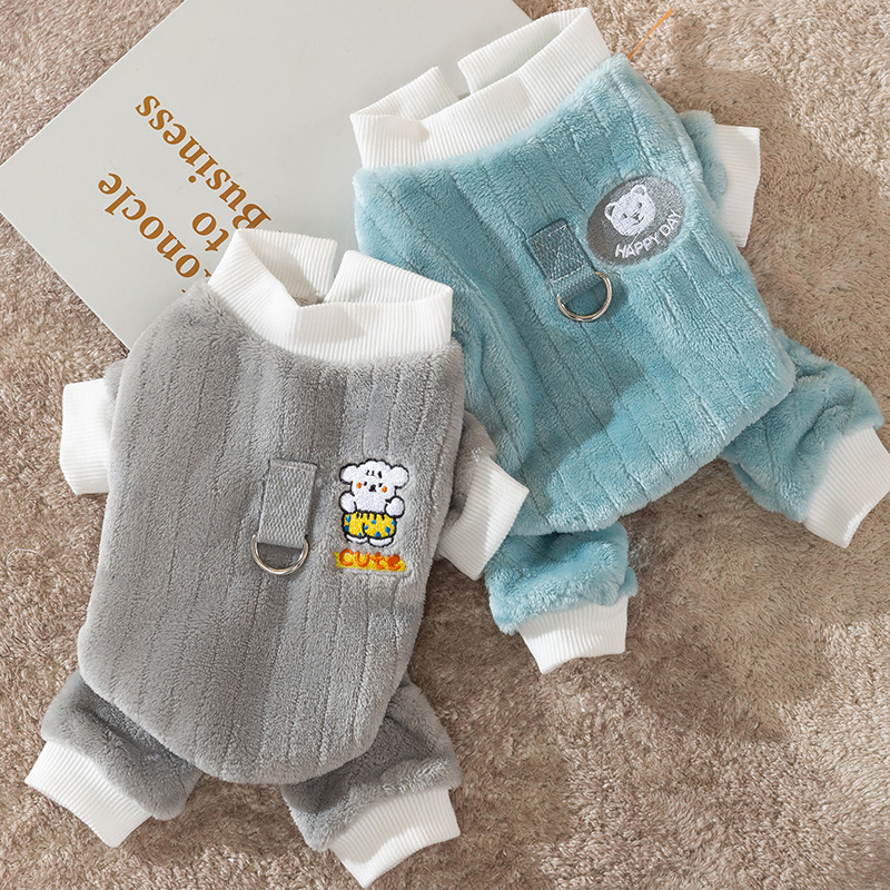 Autumn and winter cute dog cartoon bear striped flannel traction four-legged fleece pet winter cat clothes