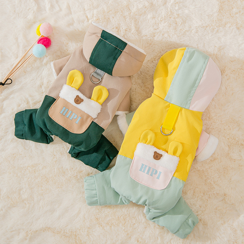 New dog autumn and winter thickened warm three-dimensional pocket traction four-legged cotton coat small dog cat pet clothes