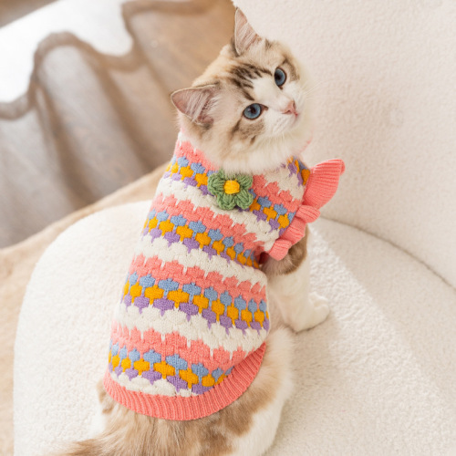Autumn and winter lady three-dimensional flower color striped cat sweater dog princess two-legged sweater pet warm clothes
