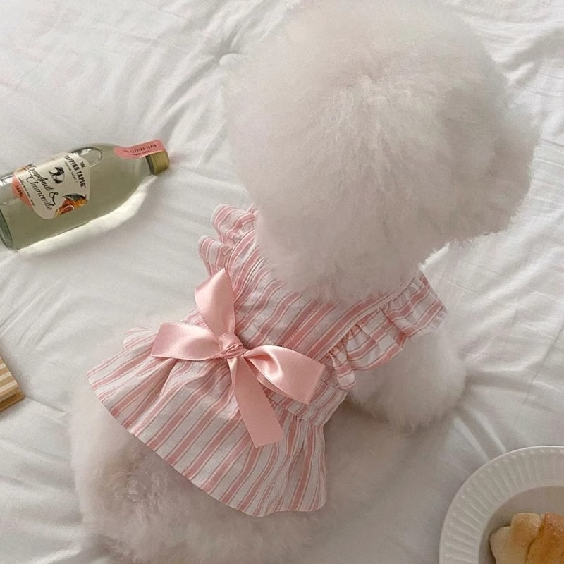 Dogs and cats cute little flying sleeves striped dress pet puppy clothes thin Bichon Frize Yorkshire