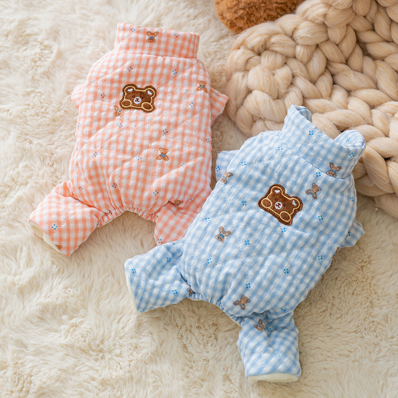 Autumn and winter dog cute Korean version cartoon checkerboard bear all-printed four-legged cotton coat cat teddy pet clothes