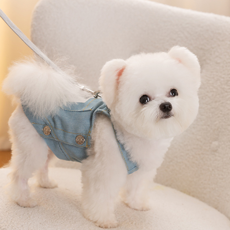 Spring and summer dog clothes, pocket straps, denim skirt, small and medium-sized dogs, Teddy Bichon pet clothes, cat clothes