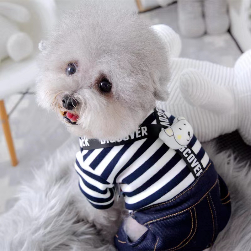 Pet Pomeranian Bichon Teddy Dog Clothes Four-legged Autumn and Winter Cotton Clothes Overalls Striped Velvet Thickened Winter Cotton Clothes