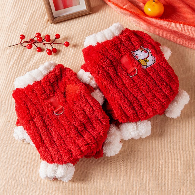 Dog New Year's four-legged coat, autumn and winter warm drawstring velvet, traction, festive New Year greetings, Bichon Frize pet fleece coat