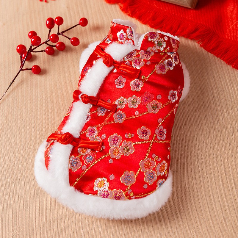 Autumn and winter dog fashion New Year bronzing plum vest Tang suit pet festive New Year greetings Teddy dog ​​clothes