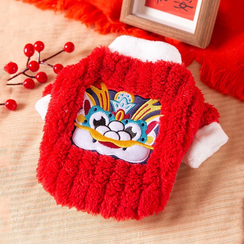 Autumn and winter puppy clothes, New Year lion dance cartoon patch fleece, thickened and warm, winter New Year festive clothing