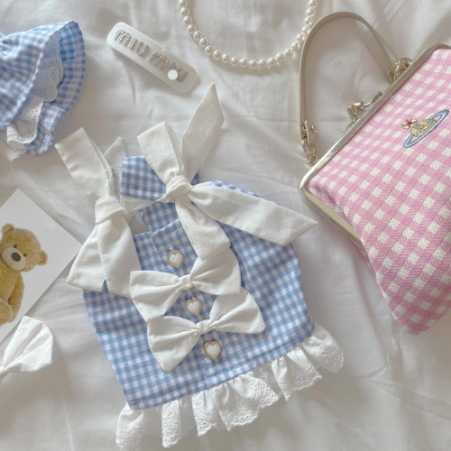 INS Korean miu style princess blue plaid suspender skirt dog and cat short strap pet clothes dog