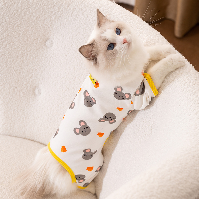 Spring and summer breathable and cute full-print dog four-legged home clothes for small cats at home thin air-conditioned clothes pet clothes
