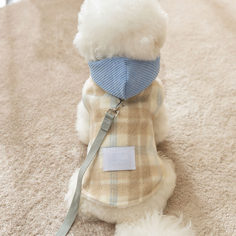 Plush dog clothes, winter checkerboard hooded traction vest, warm winter pet clothing for puppies and kittens