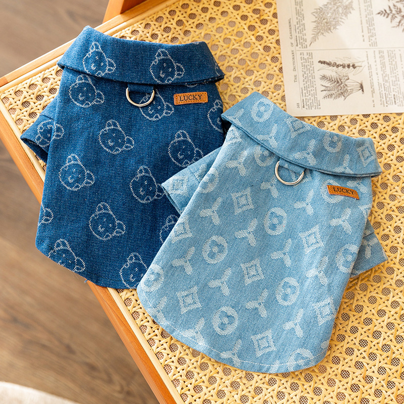 Casual style denim shirt for cats in autumn and winter, trendy and cool tractionable pet teddy bear traction clothes for dogs