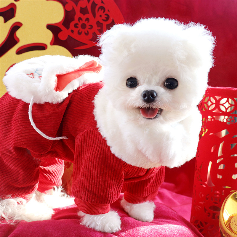 New Year's Festive Four-Legged Cotton Clothes Winter Teddy Bichon Pomeranian Small Dog Dog Clothes Autumn and Winter Style