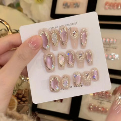 Purely handmade wearable nails wholesale popular Internet celebrity porcelain white cat eye flashing shell pearl manicure high-end detachable