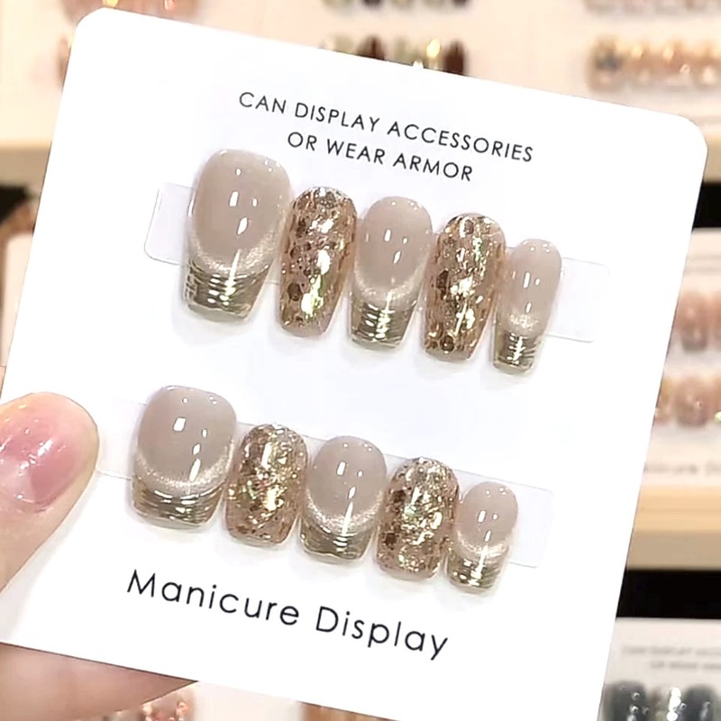 One-eye fake nails, handmade wearable nails, white milky white champagne gold sequins mirror manicure, removable finished product