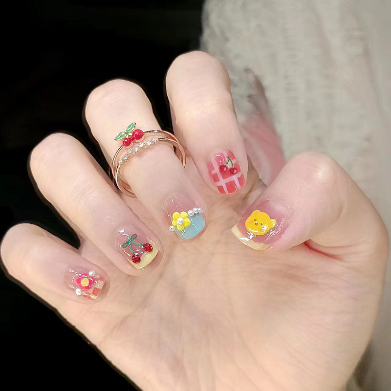 [Cherry Bear] Wearable Nails Purely Handmade Short Nails Hand-painted Cherry Bear Manicure Removable Fake Nail Patch