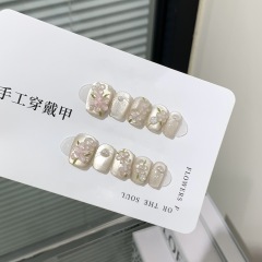 Yizhi Gu Nail Factory Purely Handmade Cat Eye Spring and Summer Small Short Nails Hand Painted Cat Eye Camellia Nail Stickers