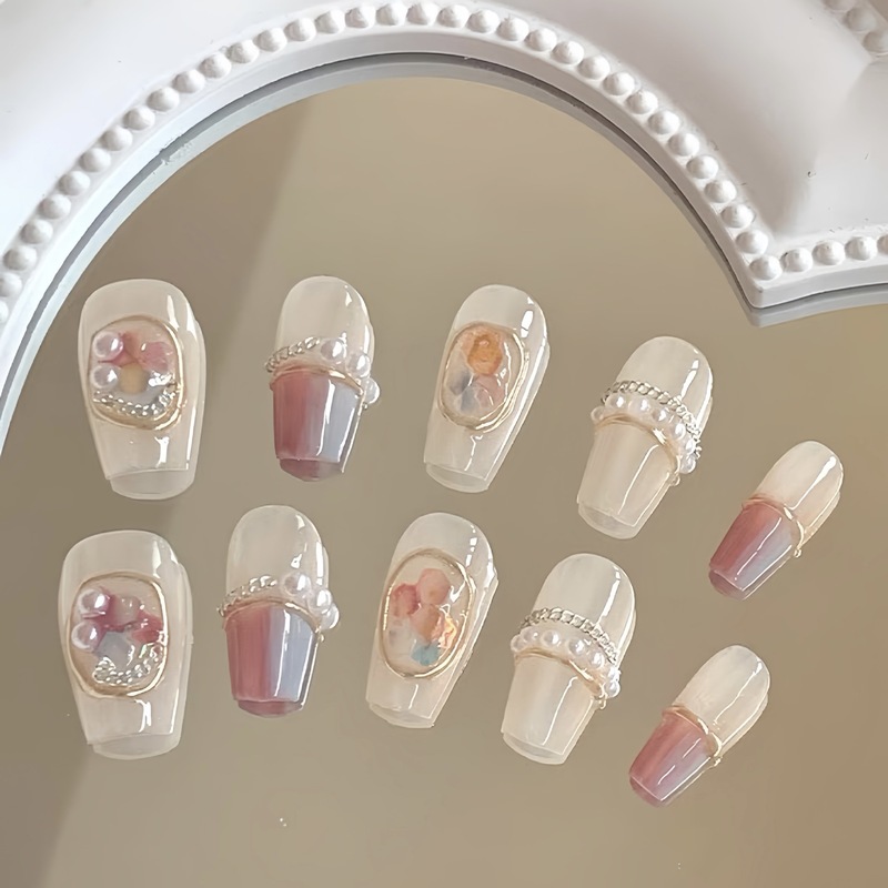 [Ariel] French ice-through smudge-dyed hand-painted pearls new handmade wearable nails wearable finished manicure
