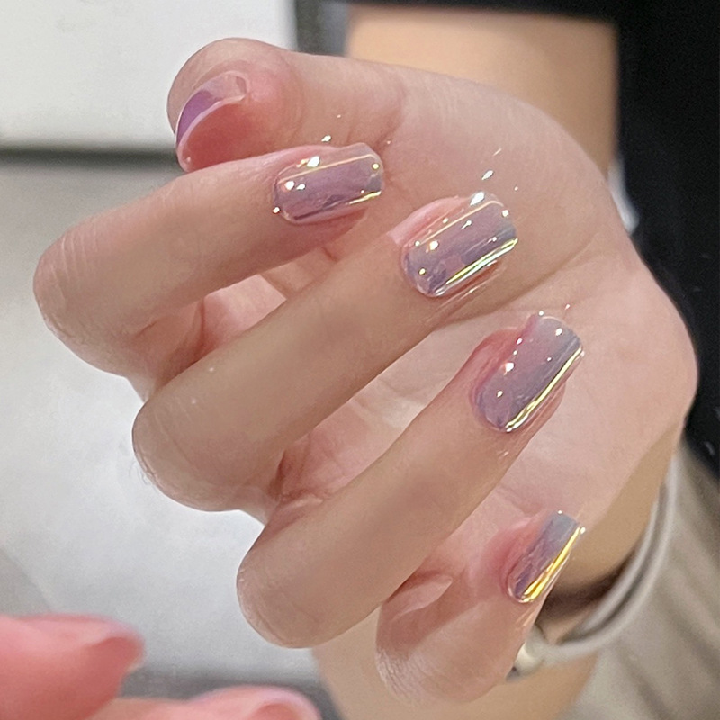 New wearable nails ins style short solid color whitening simple manicure nail patches wholesale purple gold glitter nail patches