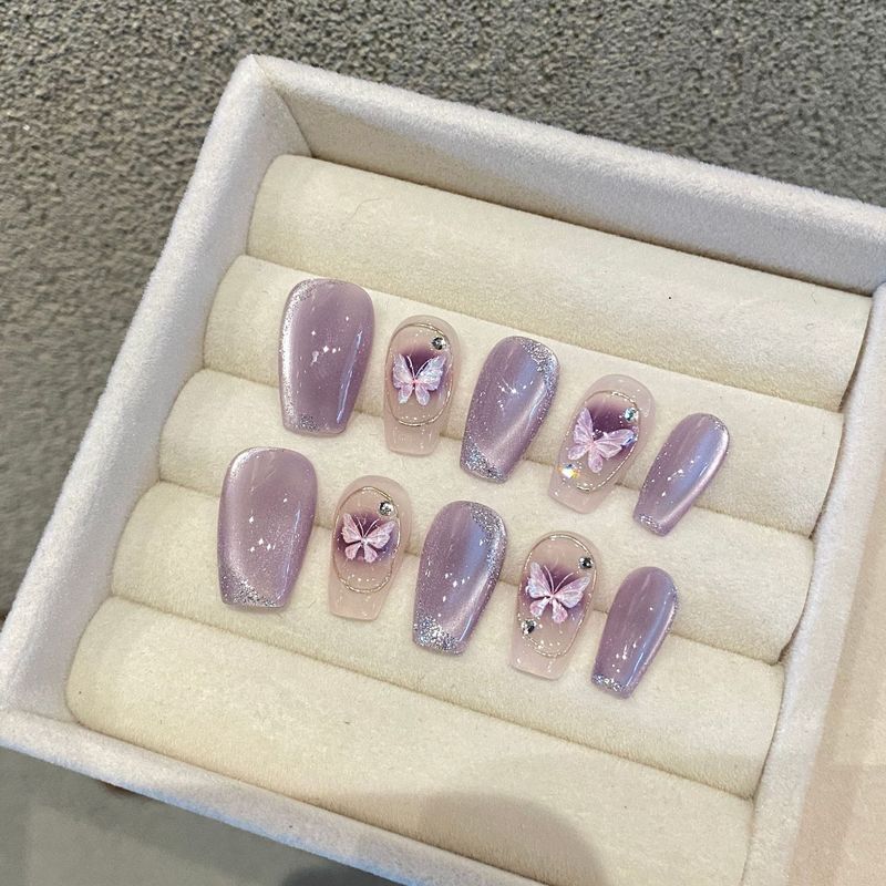 Yihe Beauty Purple Gilt Cat Eye Butterfly Handmade Wear Nails Internet Celebrity Popular Manicure Finished Nail Patch