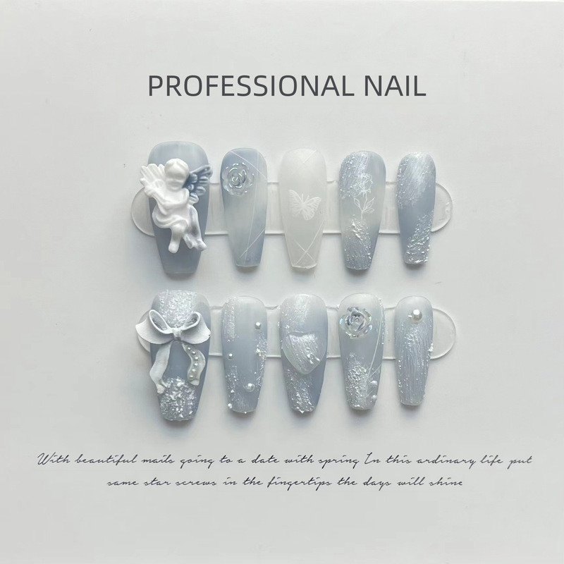 [Purely handmade real shot] Cool Yunchuan haze blue plaster angel rose handmade fake nails manicure