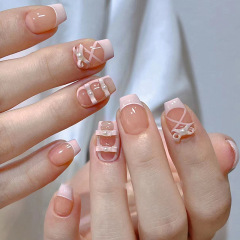 Girly Pink Sweet Girl French Manicure Cute Diamond Three-dimensional Bow Fake Nail Finished Wearable Nails 24 Pieces