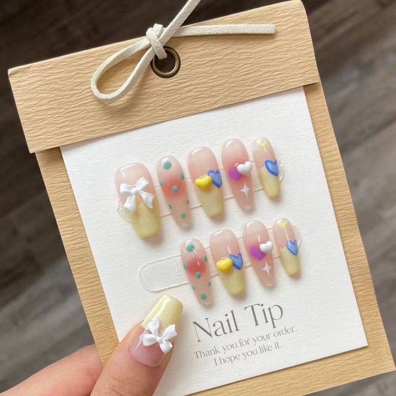 Contrast color cream love blush spring and summer candy color handmade manicure finished fake nails pure handmade manicure