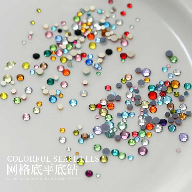 1440 pieces of manicure diamonds, mixed sizes, flat-bottomed diamonds, non-falling, colorful gold-bottomed small round diamonds, manicure trinkets wholesale