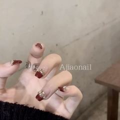 Pure handmade phototherapy manicure wine red champagne wearable manicure wholesale finished cat eye manicure patch whitening temperament