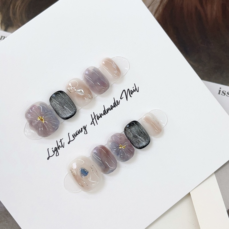 [Original real shot] Water-dyed violet flower short nails, handmade wearable nails, light luxury, purely handmade, high quality control