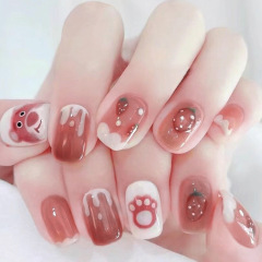 Wearable Nail Pieces Finished Bear Cartoon Nail Art Pieces Cute Strawberry Removable Nail Patch Short False Nails A85