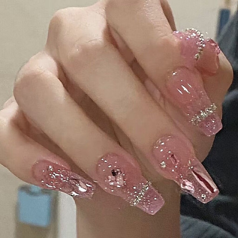 Wearable Manicure Nail Pieces Pink Diamond Chain Removable Fake Nail Pieces