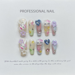 [Original real shot] Handmade Hello Kitty Wearing Nail Dopamine Cute Cartoon Mid-Length Manicure Phototherapy